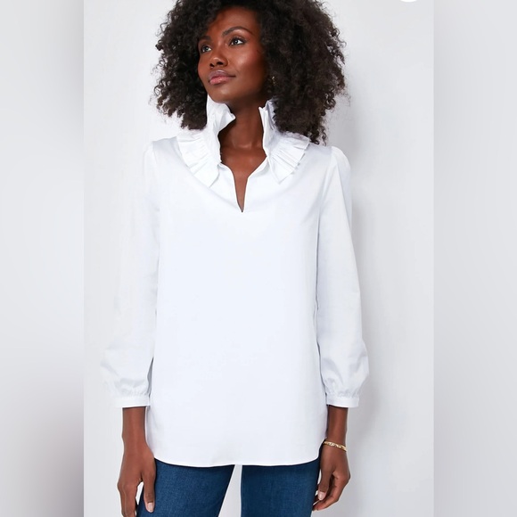 Tuckernuck White Stretch Poplin Ruffle Neck Bouvier Blouse sz XXL. - Picture 2 of 11